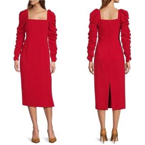 NWT ANTONIO MELANI Elena Crepe Square Neck Long Ruched Sleeve Midi Dress, Size 8